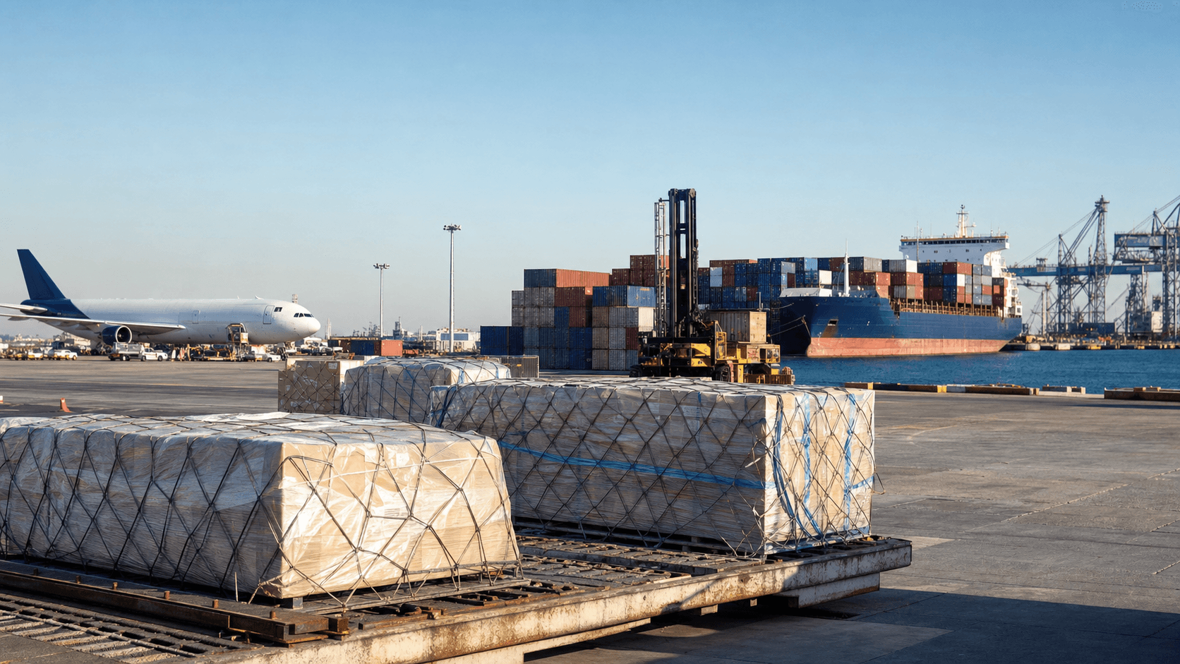 Air and ocean freight routes carrying commercial cargo from Europe and the USA toward Nepal