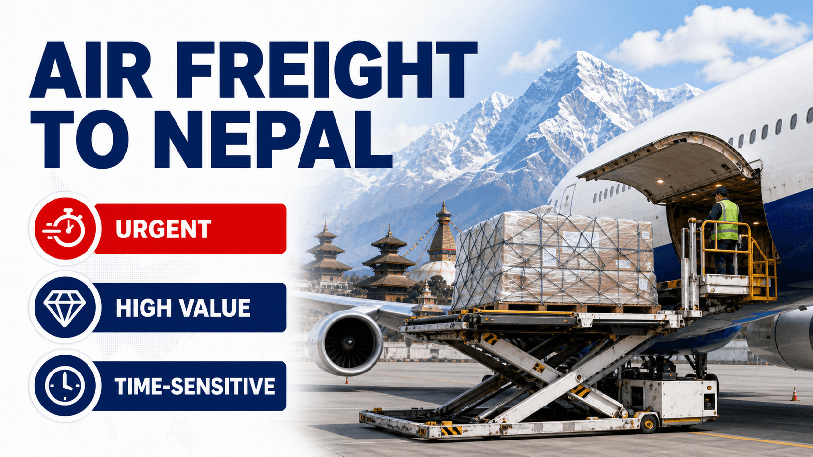 Air freight pallets loaded into an aircraft for urgent Nepal cargo
