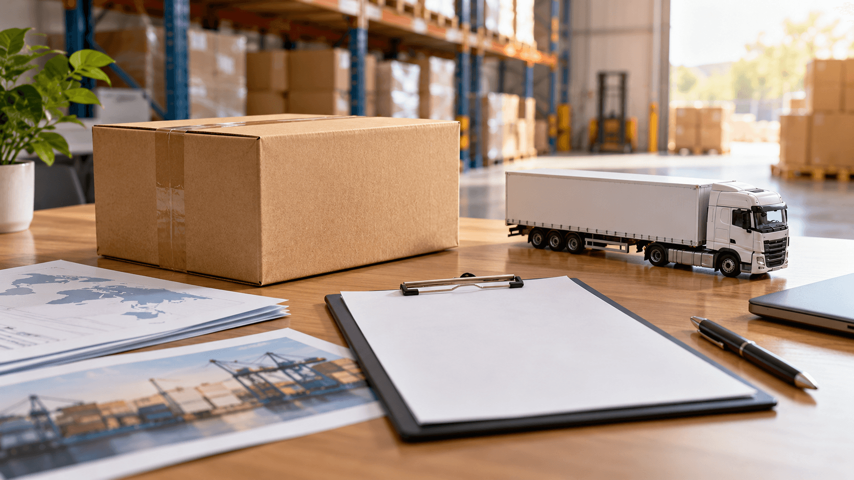 Freight quotation checklist and model truck beside a sealed parcel and reference documents