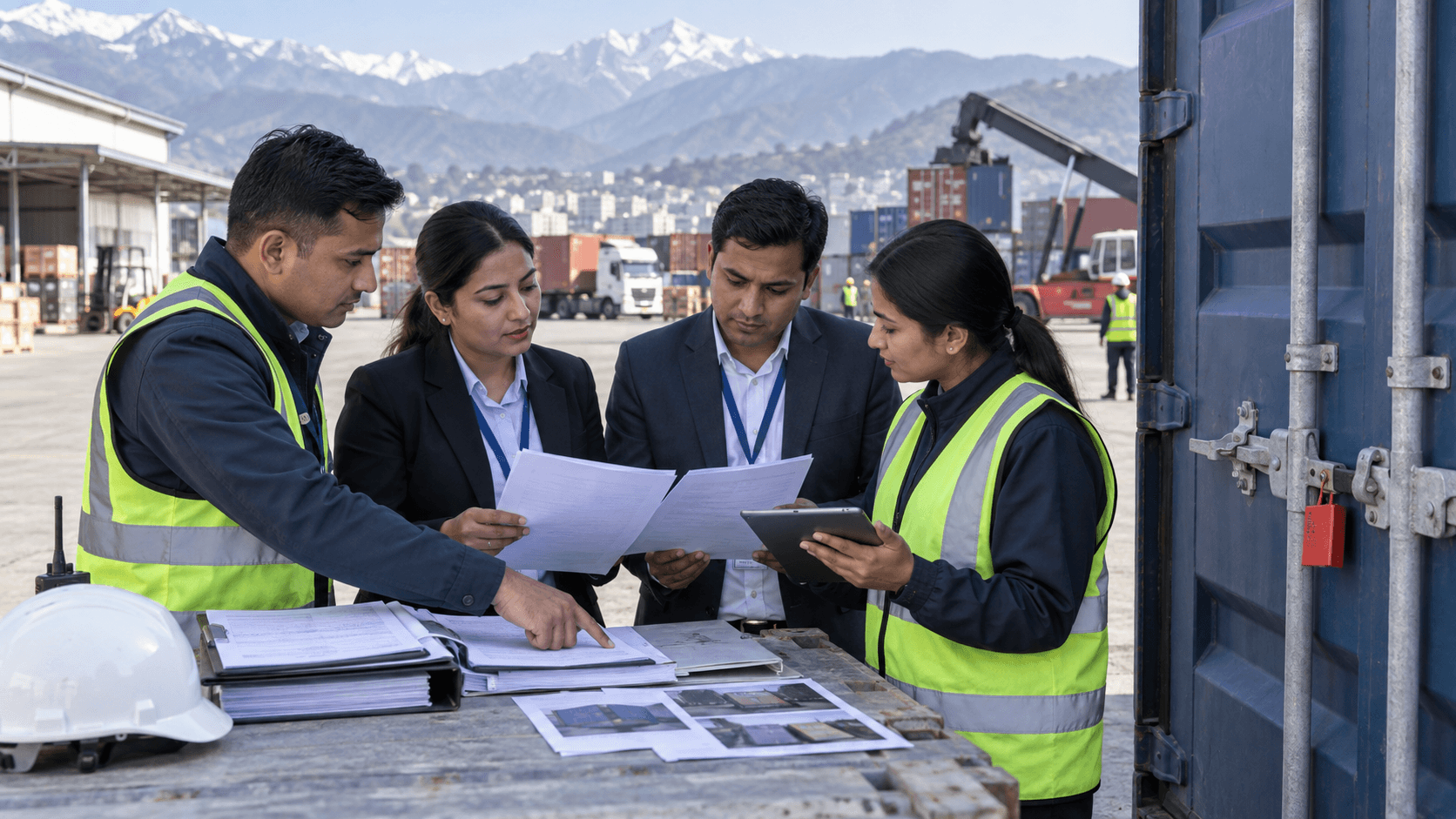 Nepal freight and customs specialists checking shipping documents beside a sealed container