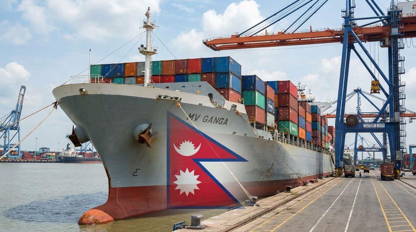 Container vessel handling Nepal sea freight at Kolkata.
