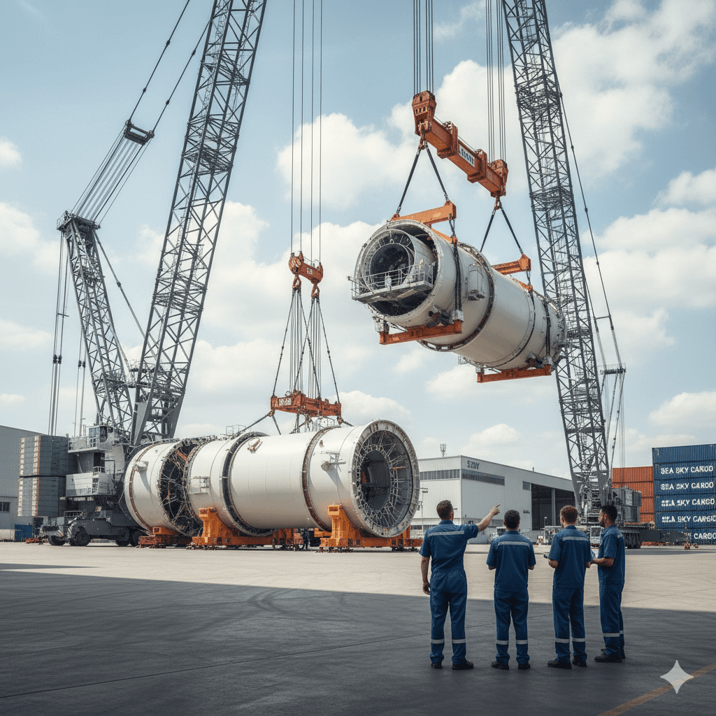 Heavy project cargo being lifted by cranes under supervision of Sea Sky logistics experts.