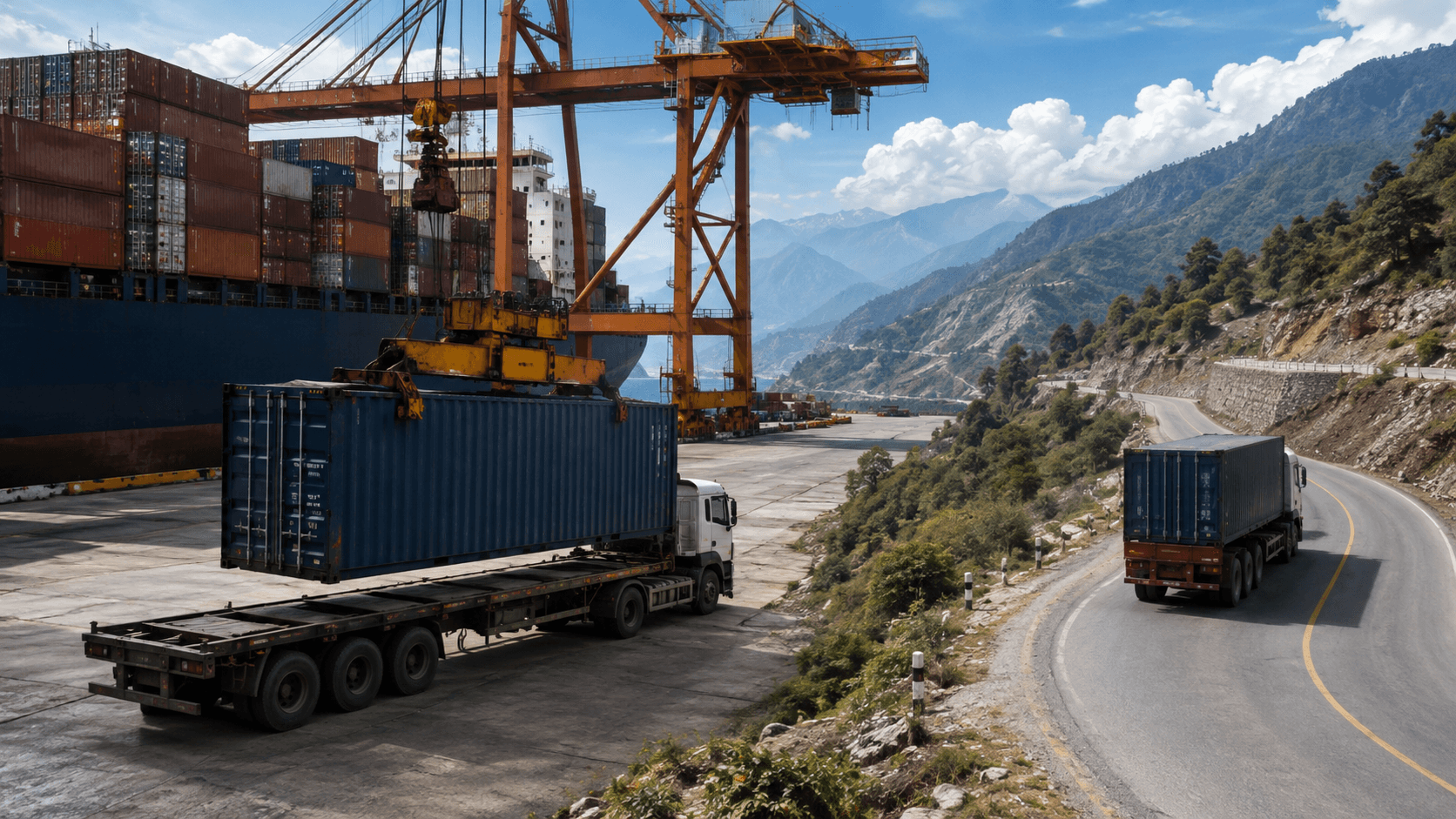 Container moving from an ocean vessel through an Indian port toward Nepal by inland truck