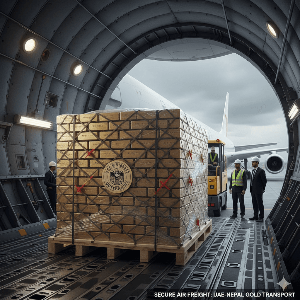 Secure air freight pallet for UAE-Nepal gold bullion transport.