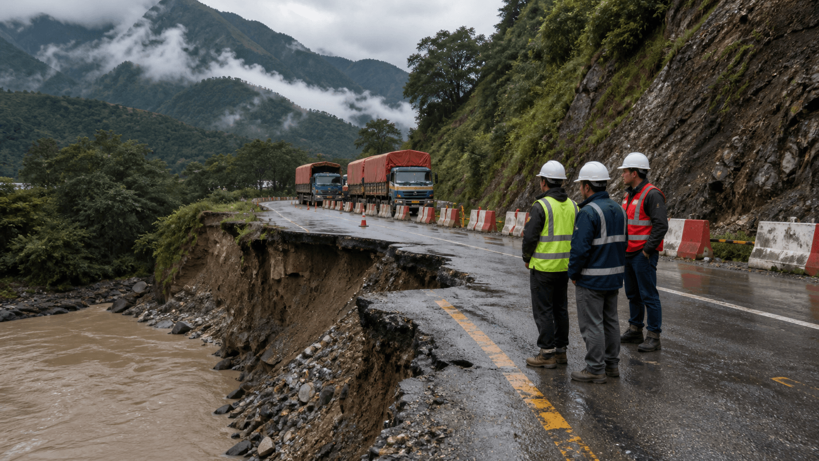 Flood-damaged mountain cargo corridor with road crews assessing access near the Nepal-China border