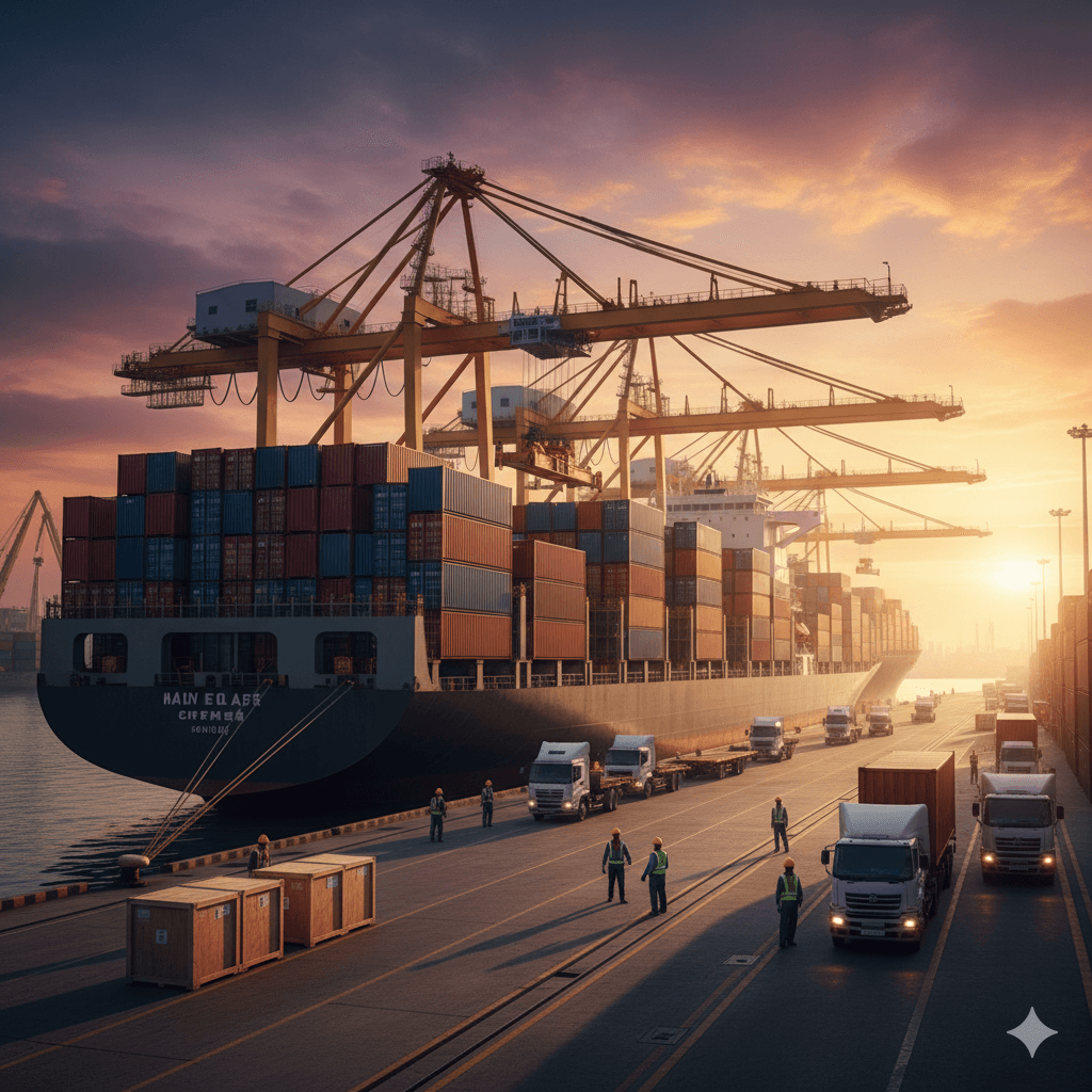 Sea freight terminal showing large cargo operations during loading.