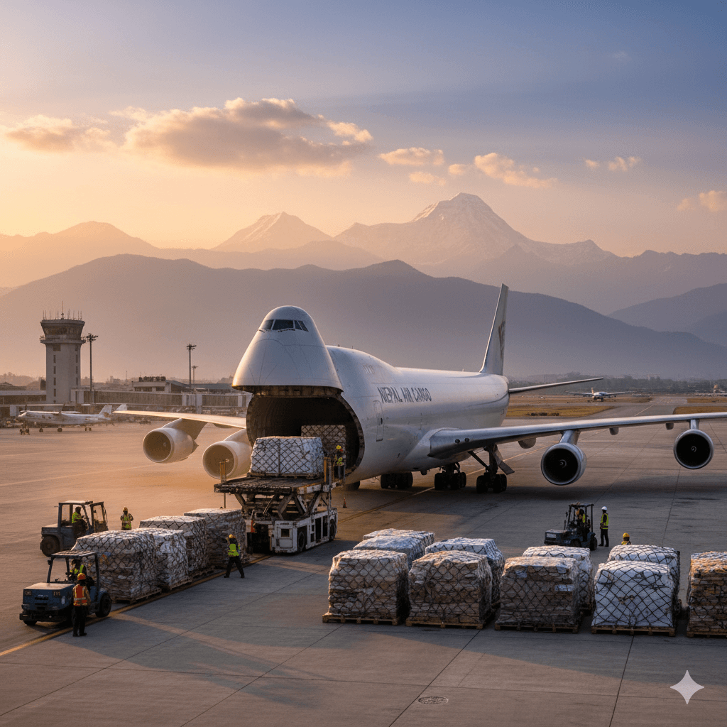 Air freight aircraft being loaded with cargo pallets at Kathmandu airport.