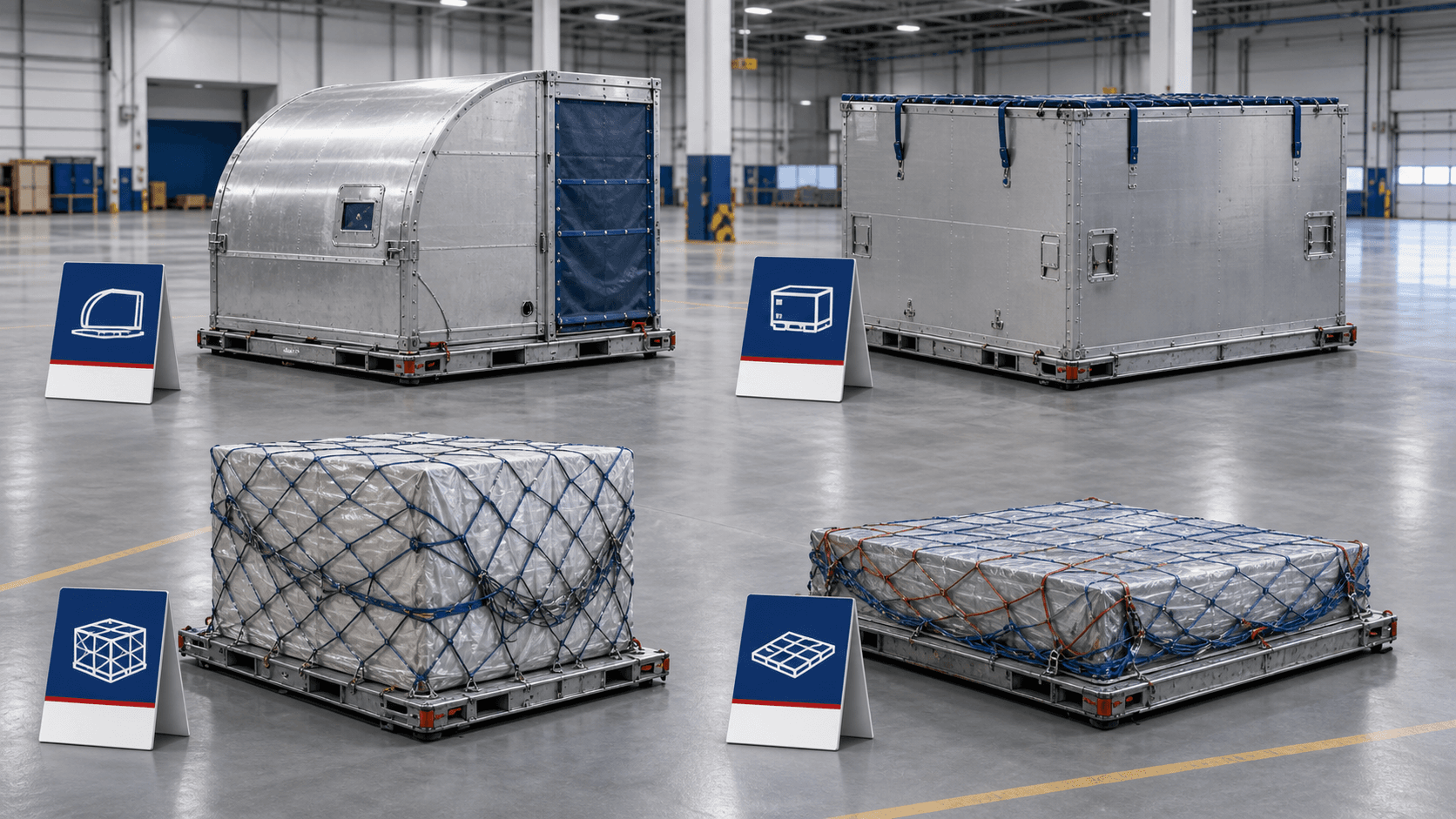 Common air freight container types and pallet ULD examples.