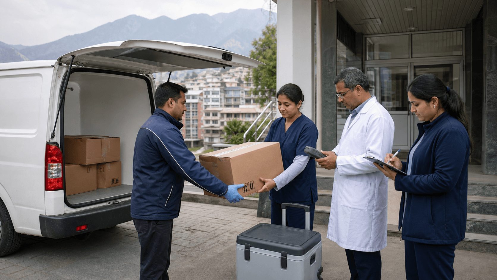 Enclosed healthcare delivery vehicle handing medical cargo to a prepared hospital receiving team in Nepal