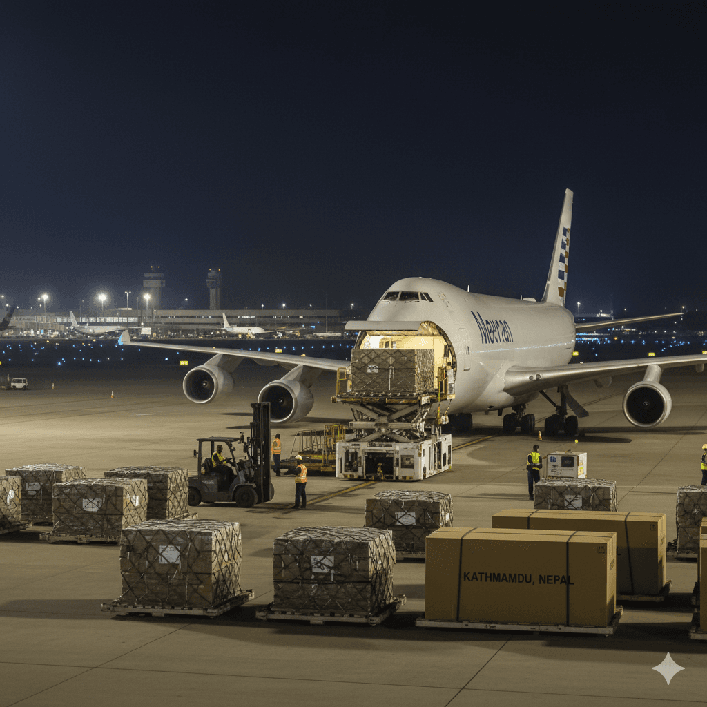 arger freight shipment being loaded for air transport from the US toward Nepal.