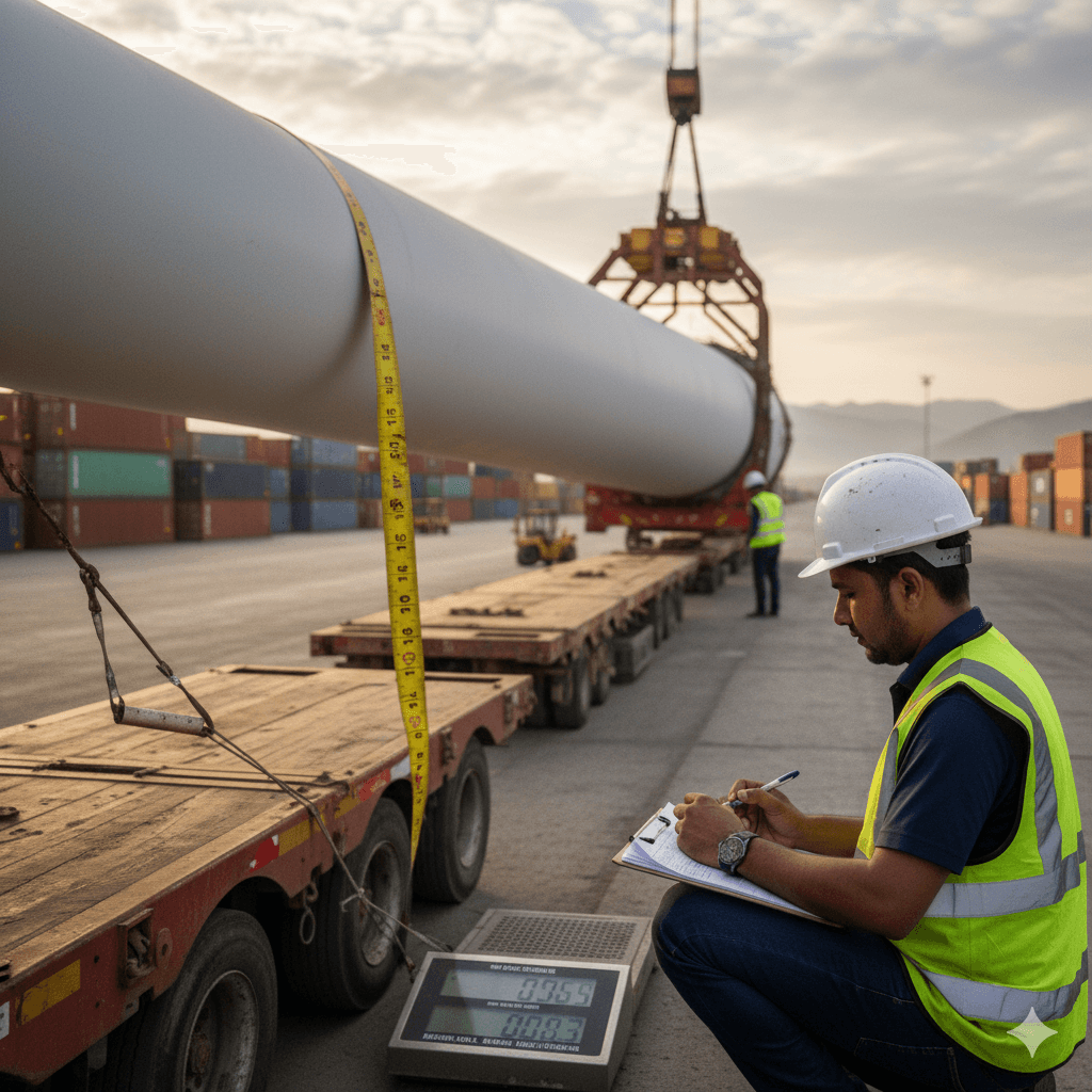 Export manager noting dimensions and weight of oversized machinery for shipment.