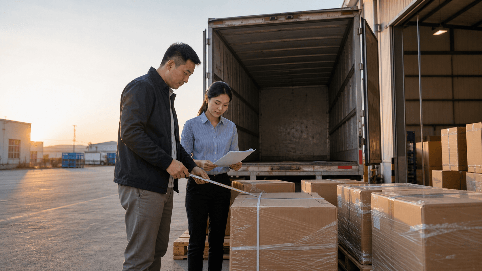 Business owner and logistics planner measuring cargo before supplier dispatch