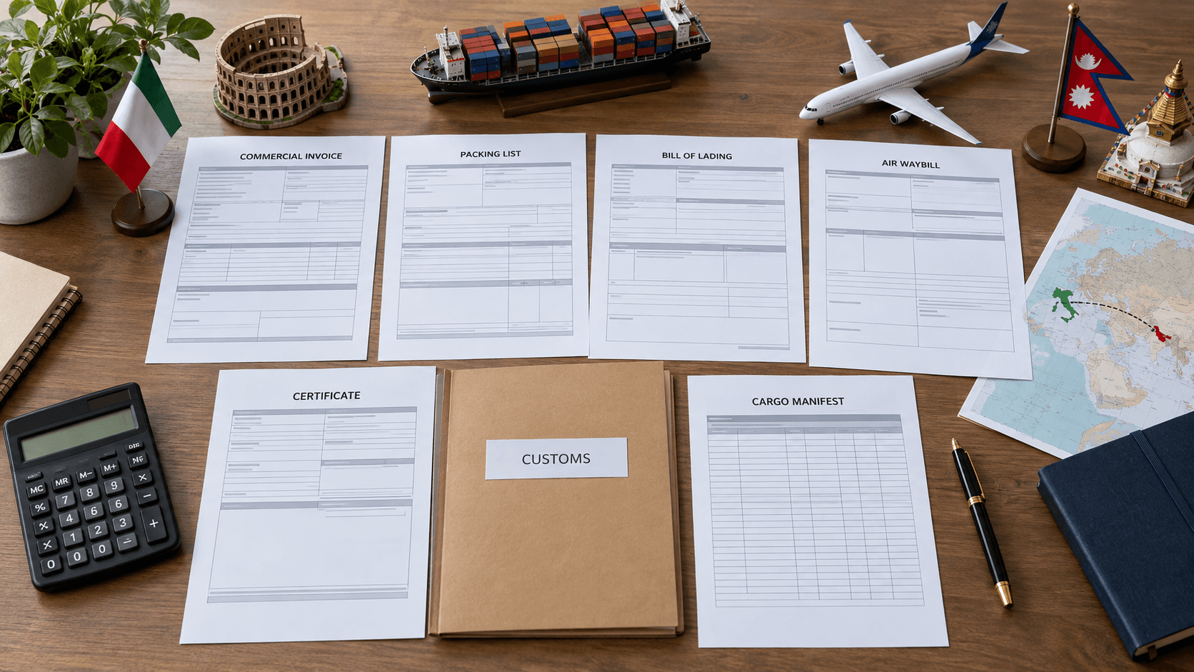 Commercial invoice packing list bill of lading and customs documents for Italy Nepal cargo