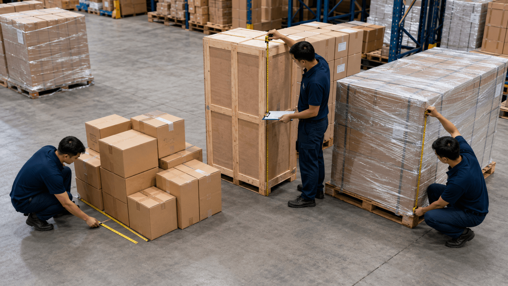 Mixed cartons crates and pallets measured separately to calculate total shipment CBM