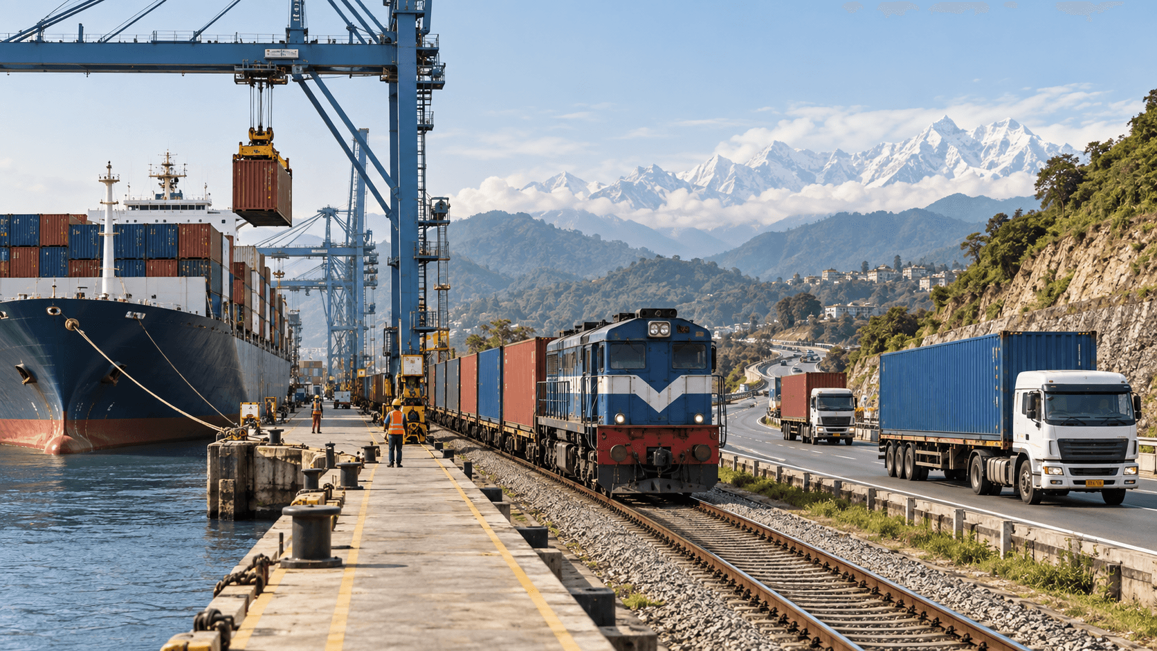 Containers moving from an Indian seaport by rail and road toward Nepal