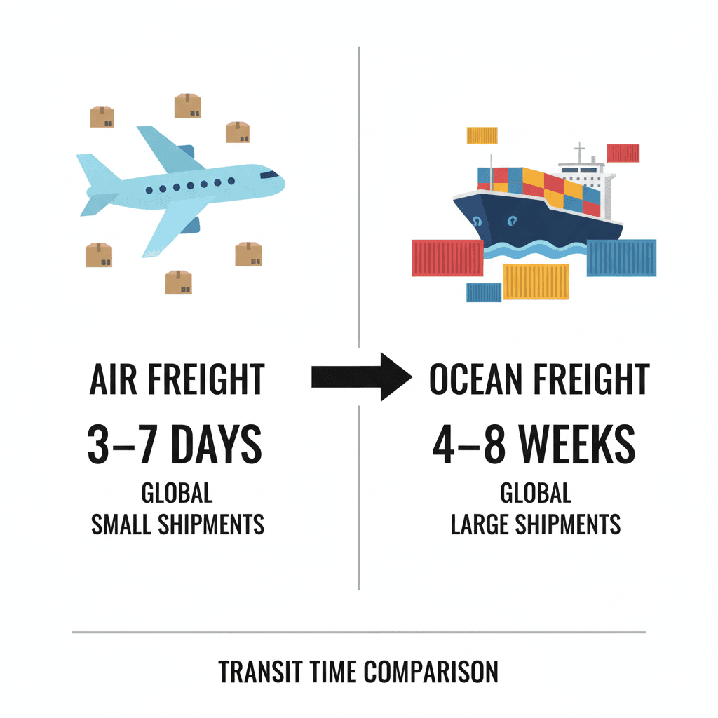 Visual comparison of air versus sea freight transit time and shipment size.