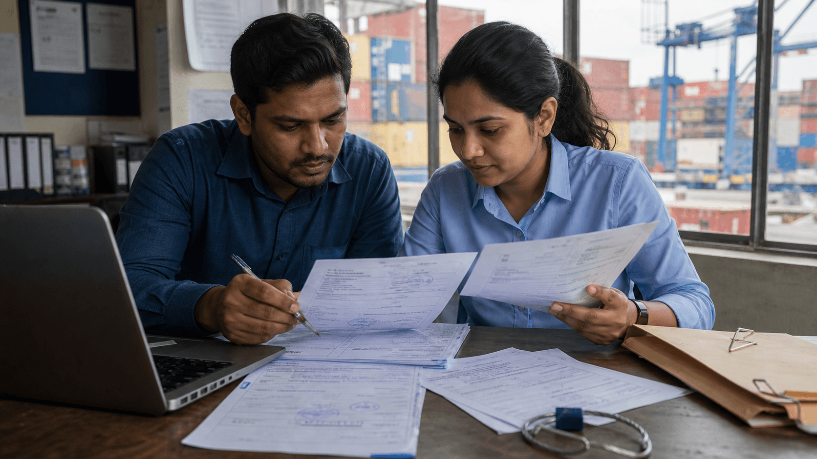 Port documentation team comparing bill of lading invoice packing list and customs transit forms