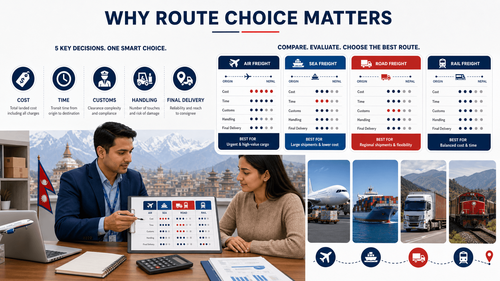 Nepal importer comparing cost time risk and customs across freight routes