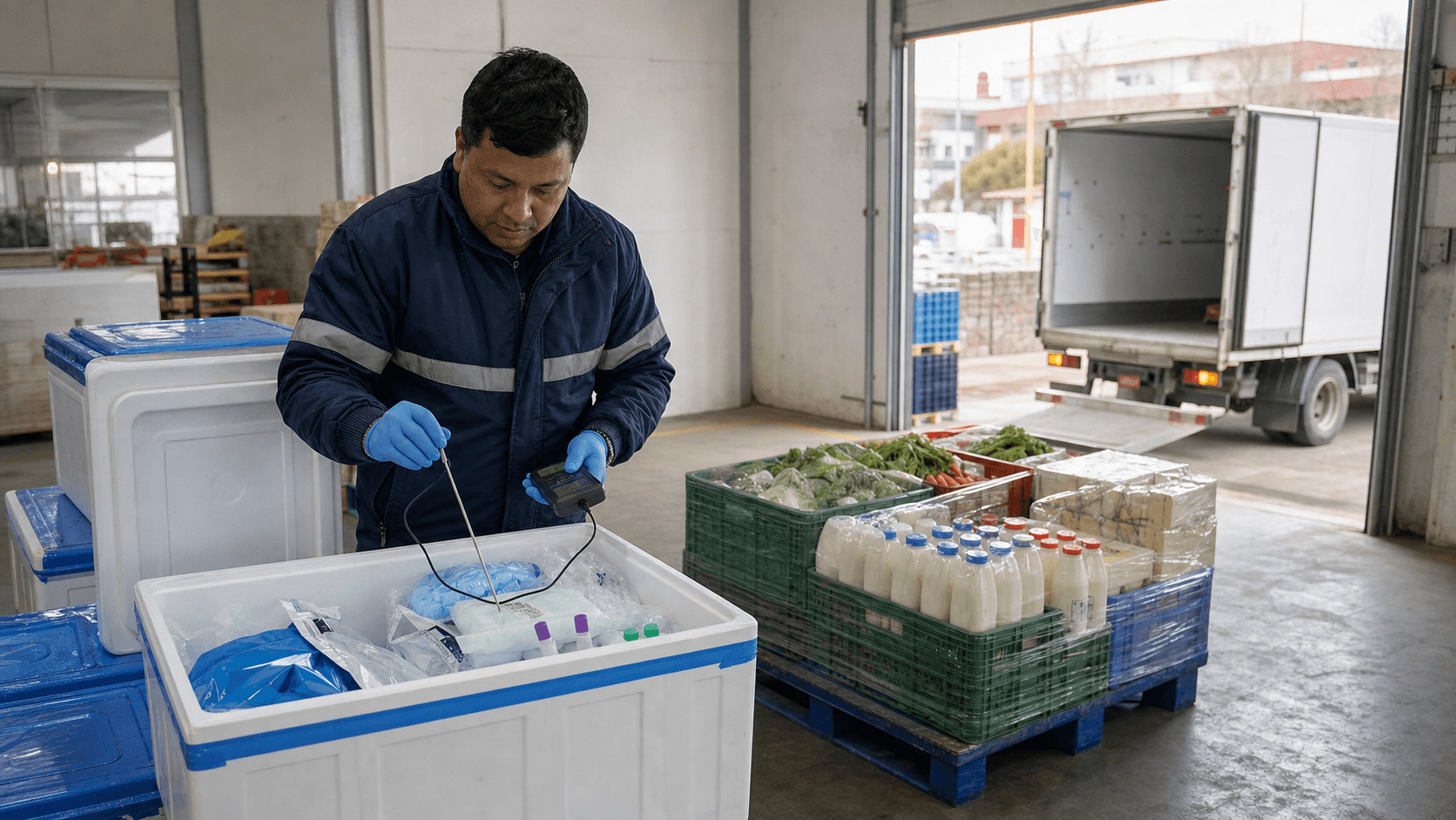 Cold-chain operator checking refrigerated cargo temperatures beside medicine and food shipments