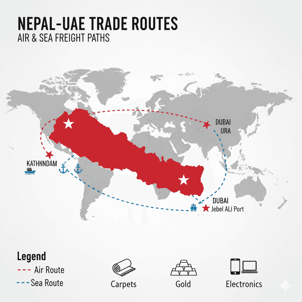 Trade route map linking Nepal and the UAE with icons for major export and import products.