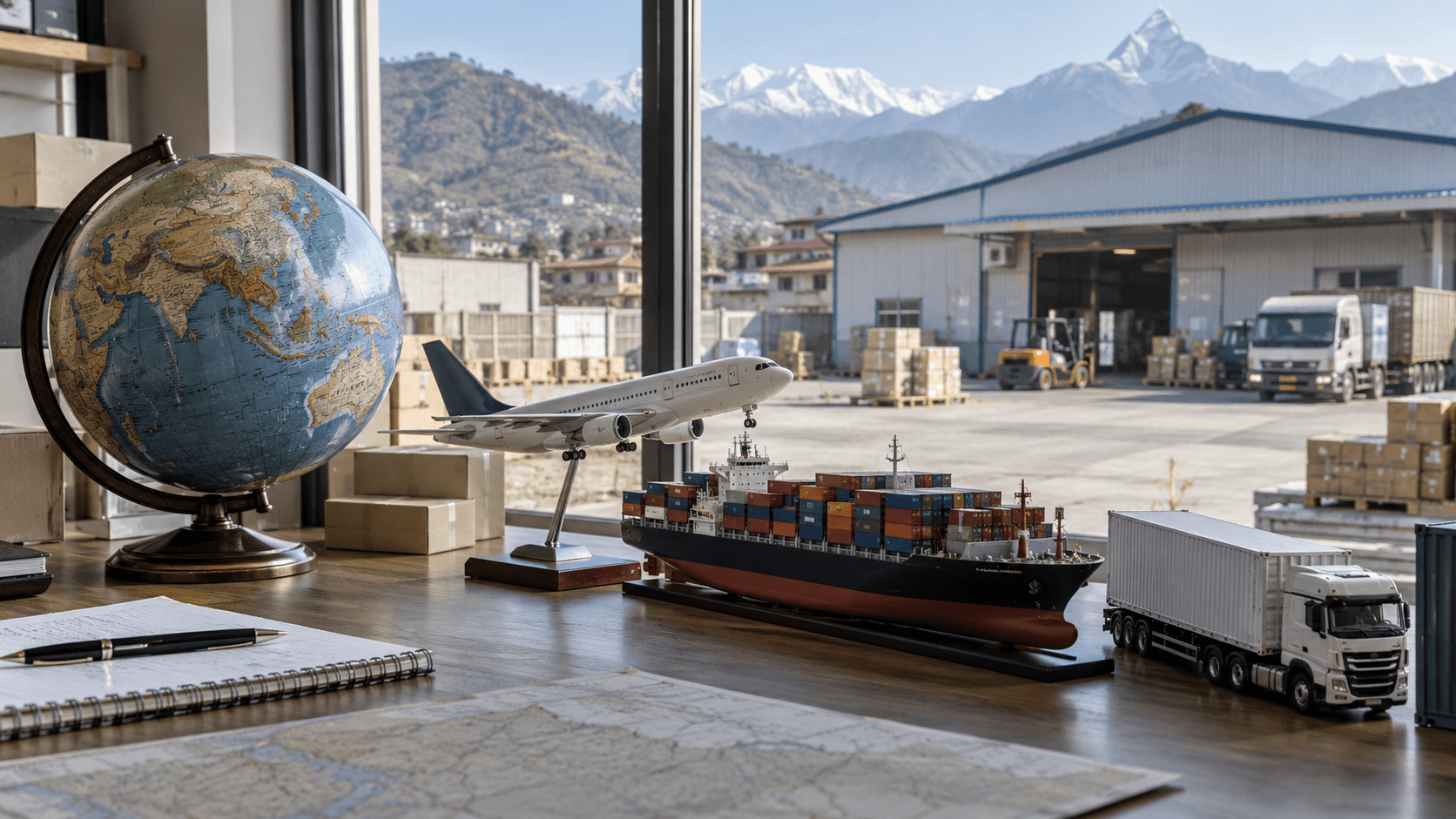Air cargo, container transport and warehouse distribution illustrating Nepal business trade connections