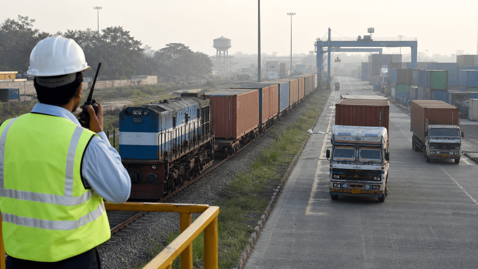 Container freight train and road trucks operating together at an Indian inland terminal