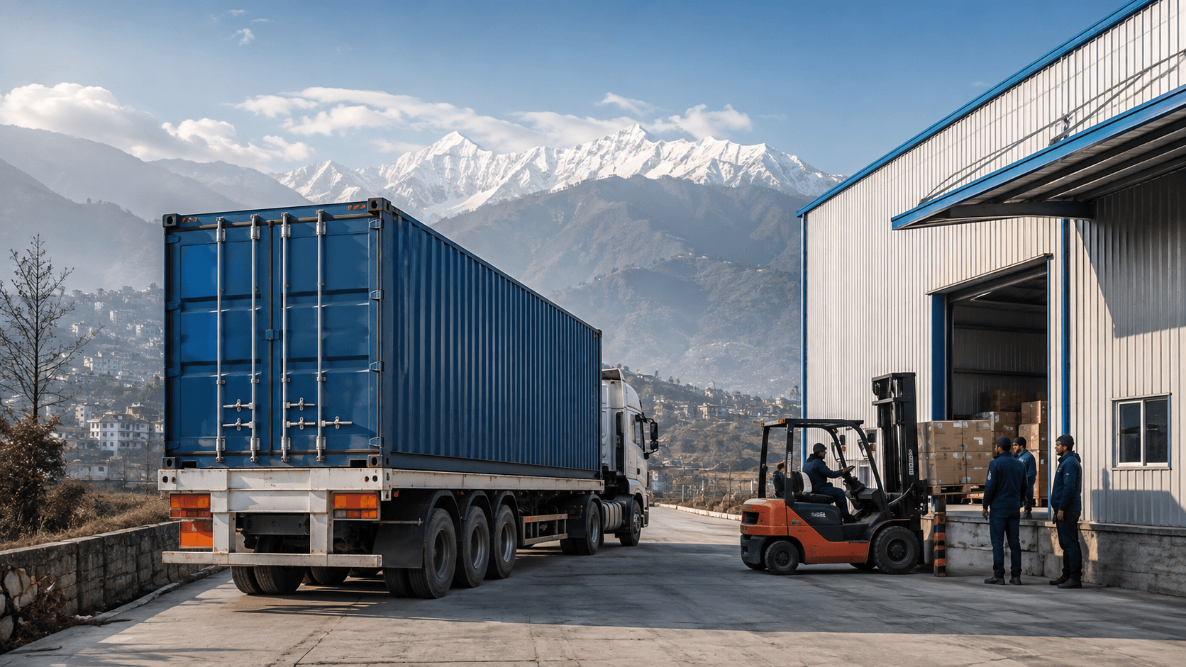 Container truck completing port-to-door sea freight delivery at a Nepal warehouse