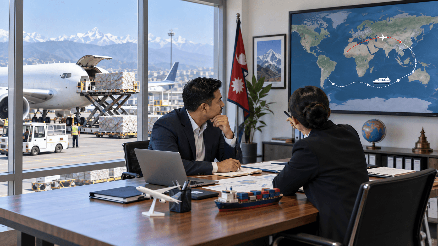 Nepal importer comparing cargo aircraft and container shipping routes with a freight adviser