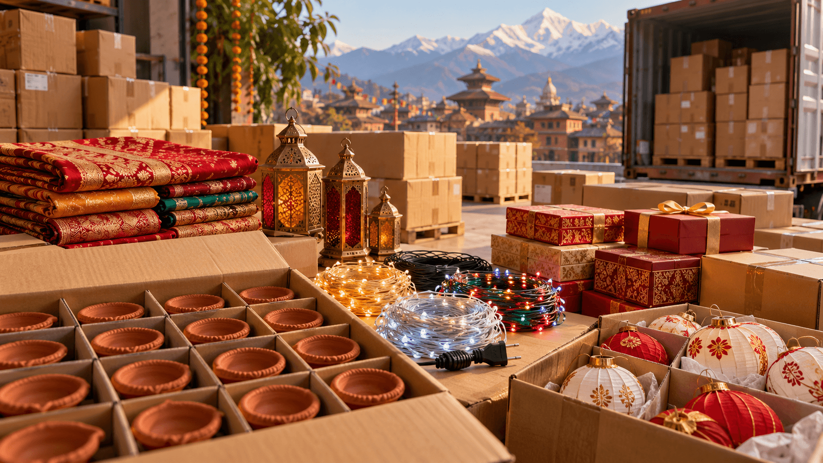 Clay diyas, decorative lights, folded garments and gift boxes arranged beside export cartons