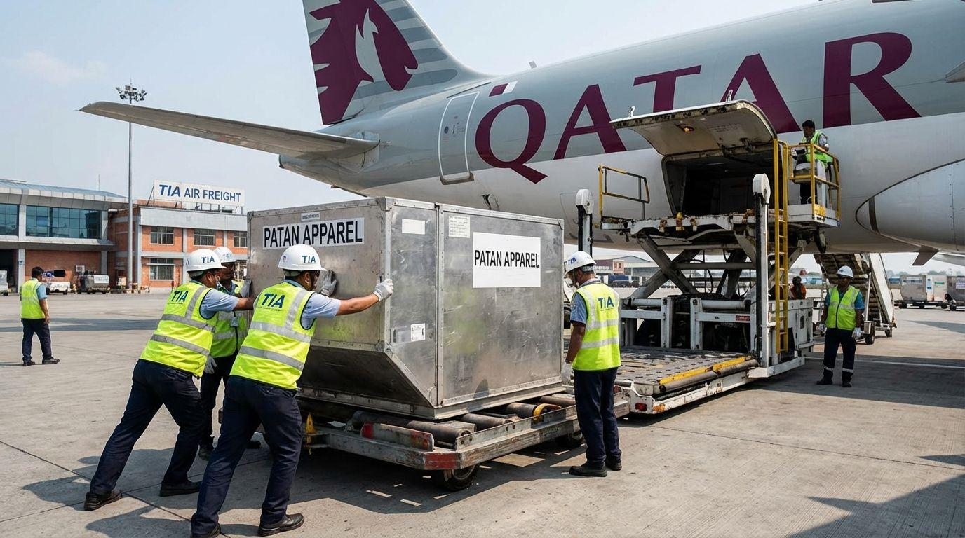 TIA air freight for urgent Patan apparel to Europe.