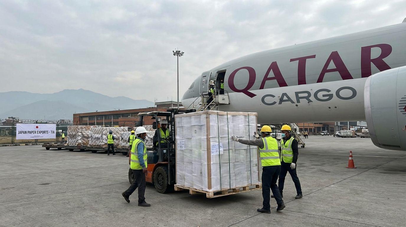 Air freight loading at TIA for Japan paper exports.