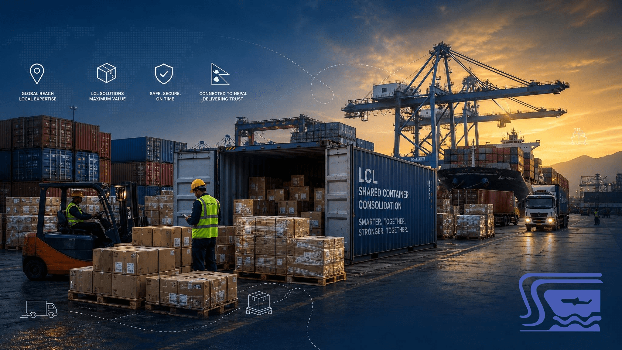 A shared container logistics scene showing mixed cargo grouped for consolidation at port.