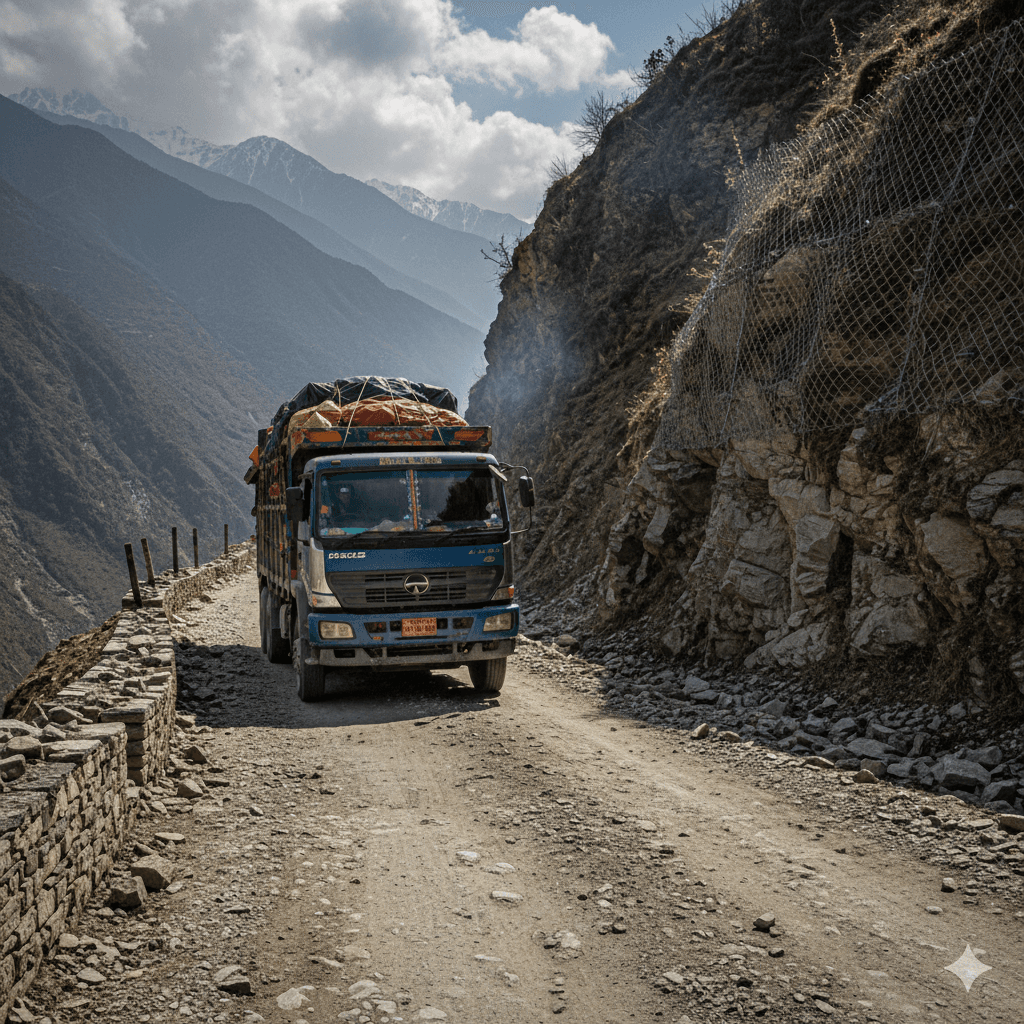 Cargo truck navigating a narrow mountain road, illustrating difficult cross‑border logistics terrain.