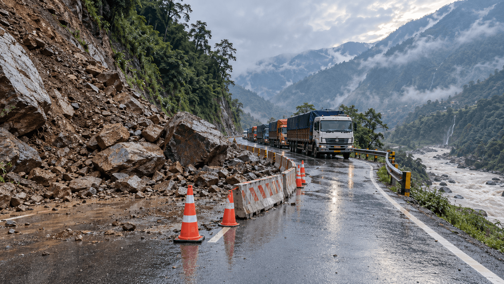 Landslide blocking a Nepal mountain freight corridor during monsoon