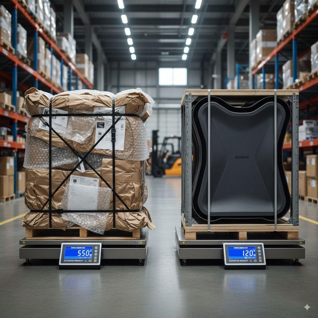 Comparison of shipments showing impact of packaging on gross and net weight and costs.