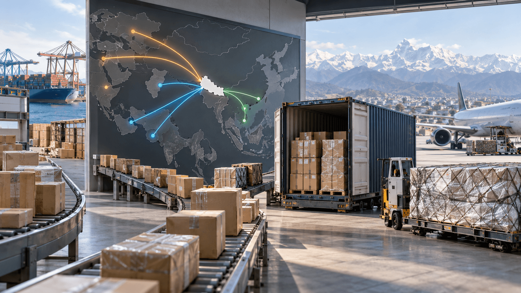 Small shipments from regional trade hubs converging for consolidated transport to Nepal