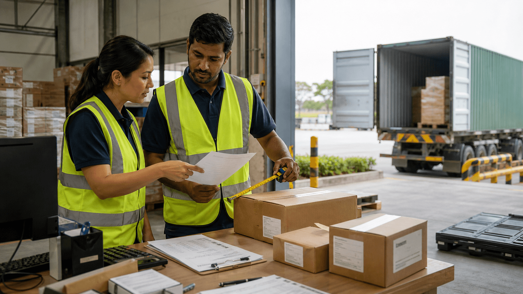 Warehouse team checking cargo dimensions and documents to prevent a business shipment delay