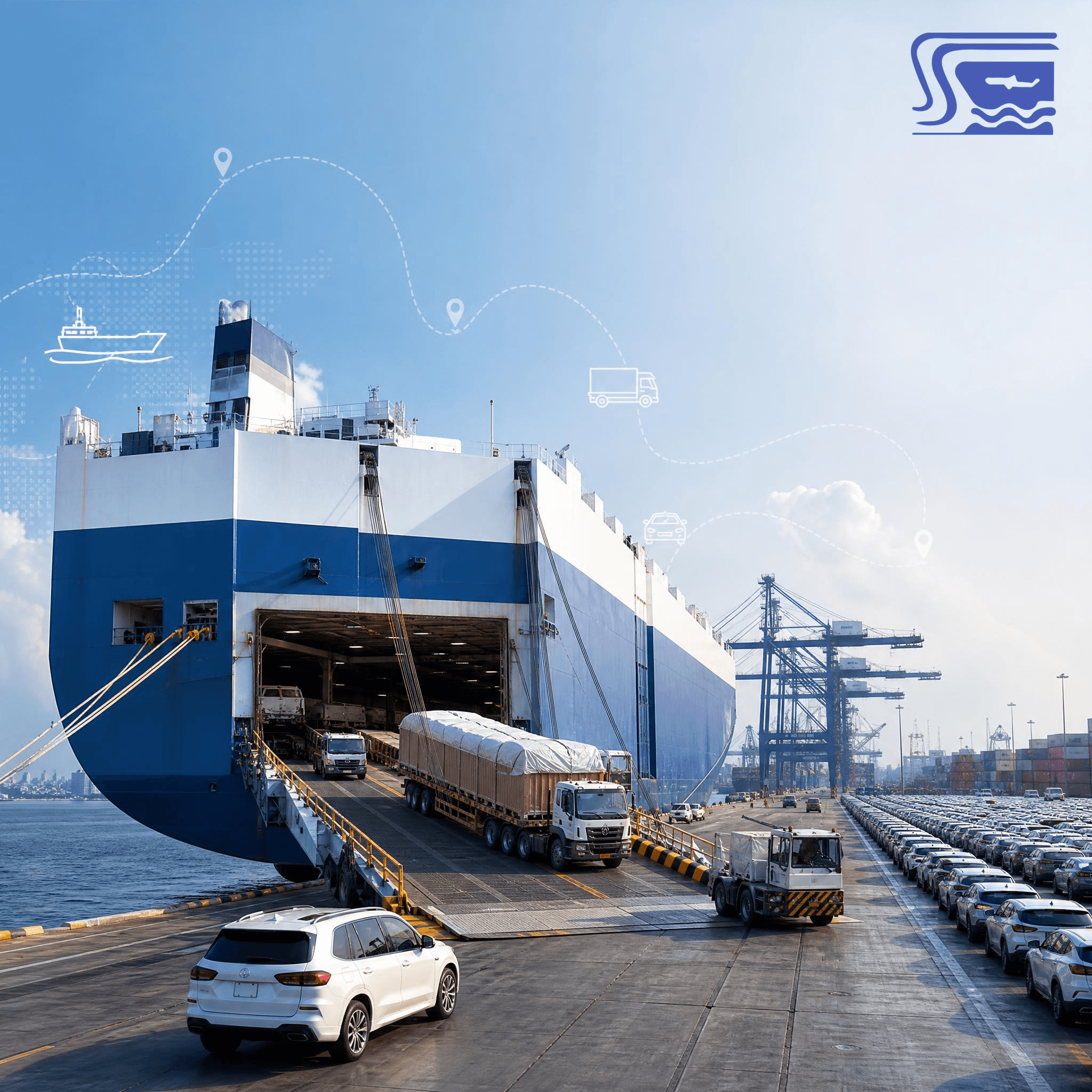 A large RoRo carrier ship docked at a port, showing how vehicles are moved on dedicated ocean vessels.