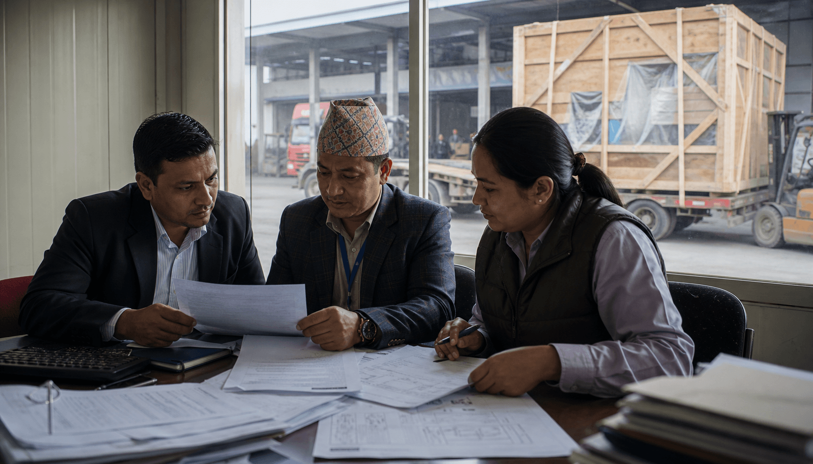 Customs team reviewing imported machinery documents before high bed trailer delivery