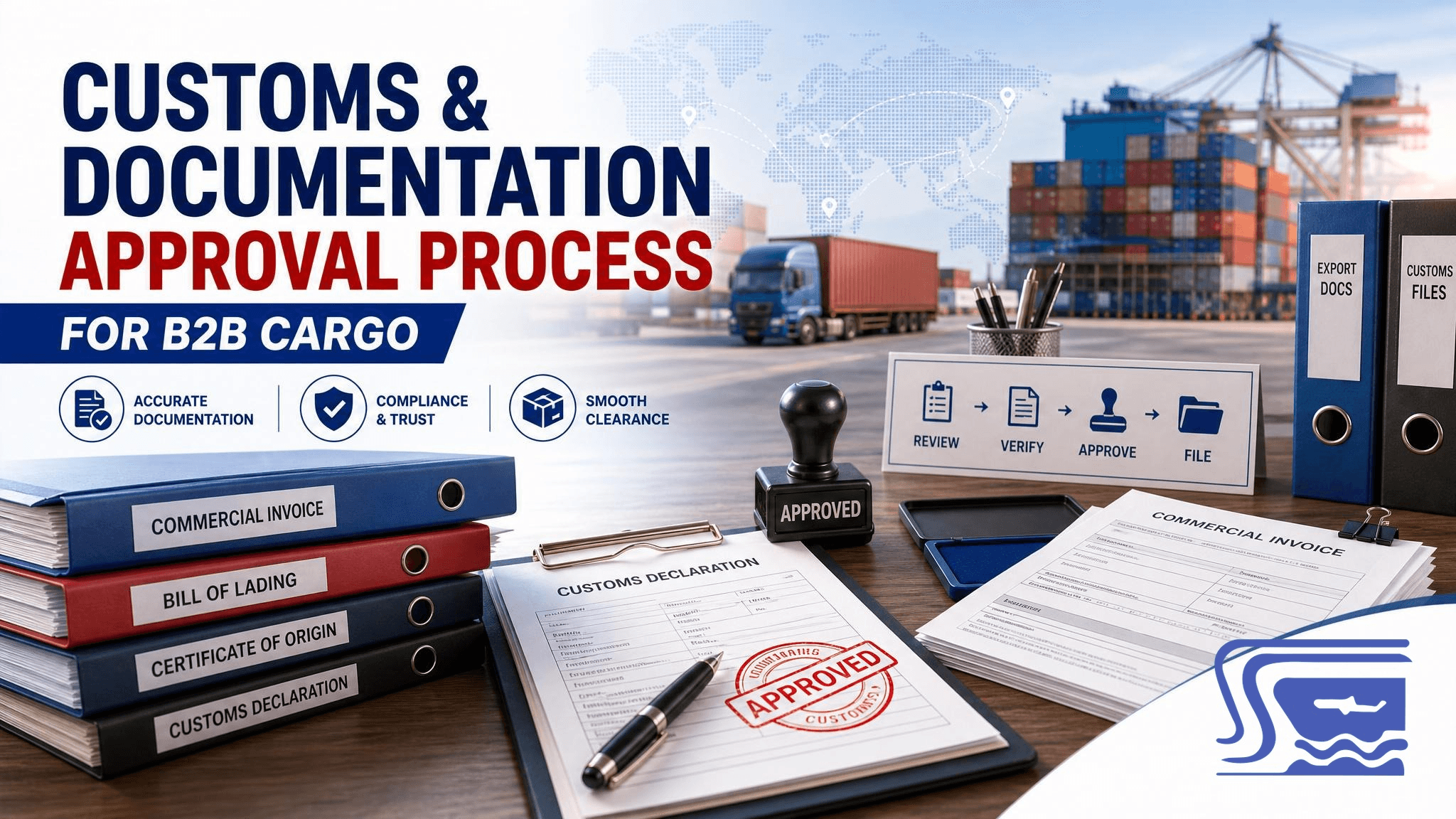A customs and documentation desk showing the approval and filing process for B2B cargo.