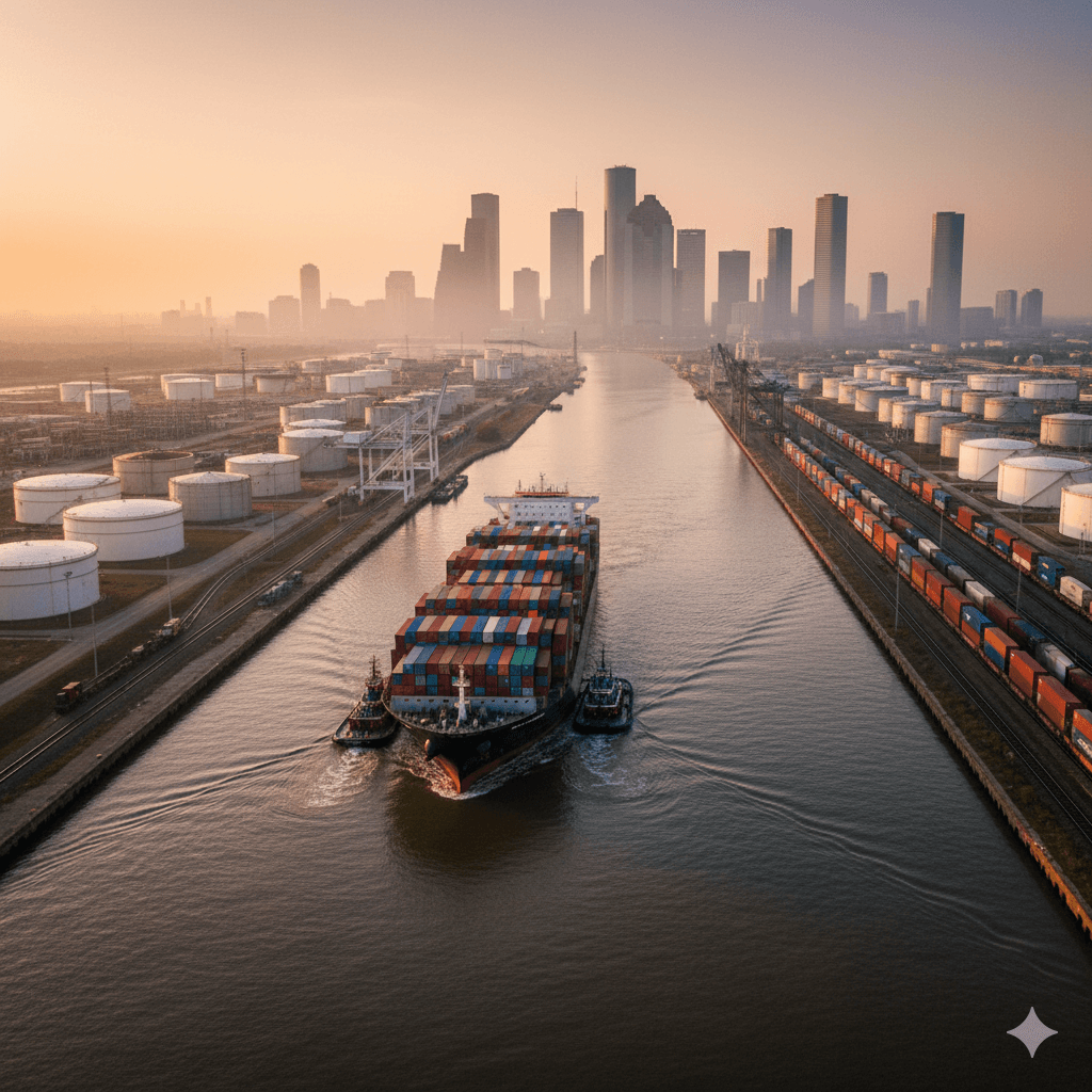 Busy Houston port and logistics hubs along the ship channel.