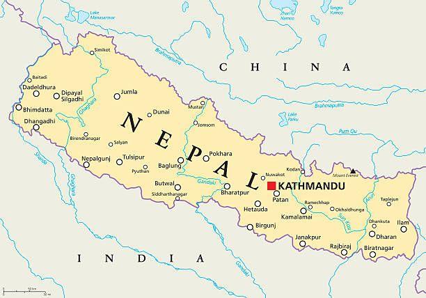 Map showing landlocked Nepal and its trade routes through neighboring countries.