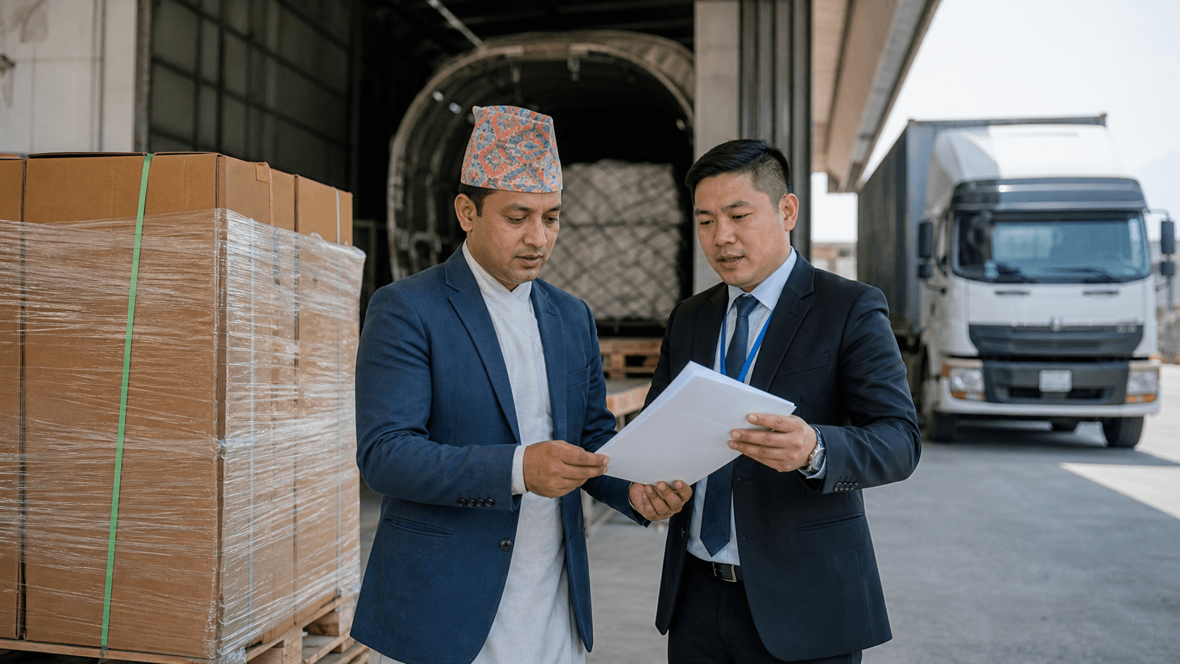 Nepal importer and logistics advisor reviewing cargo insurance beside packed freight