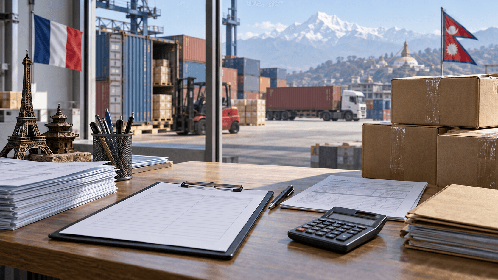 Invoice packing list transport documents and customs file prepared for France Nepal cargo