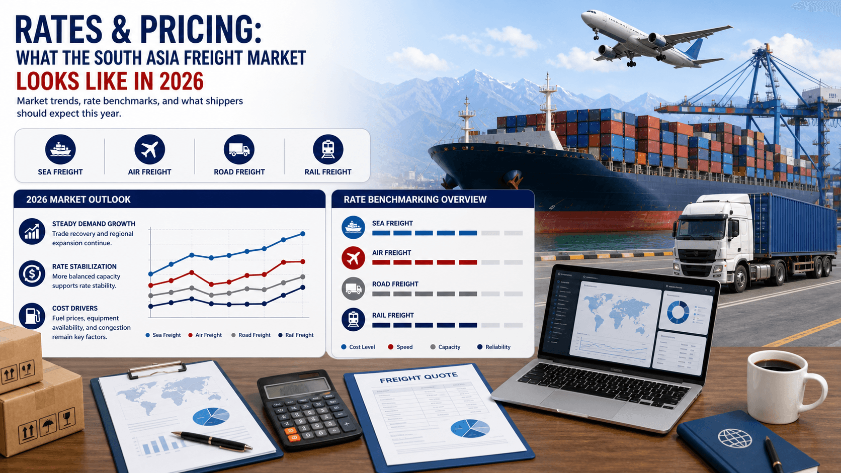 South Asia freight pricing 2026 visual with ocean containers, air cargo, customs documents, and rate planning dashboard