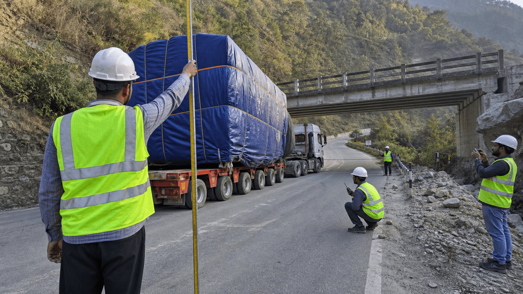 Route survey team measuring clearance for a heavy trailer carrying oversized cargo