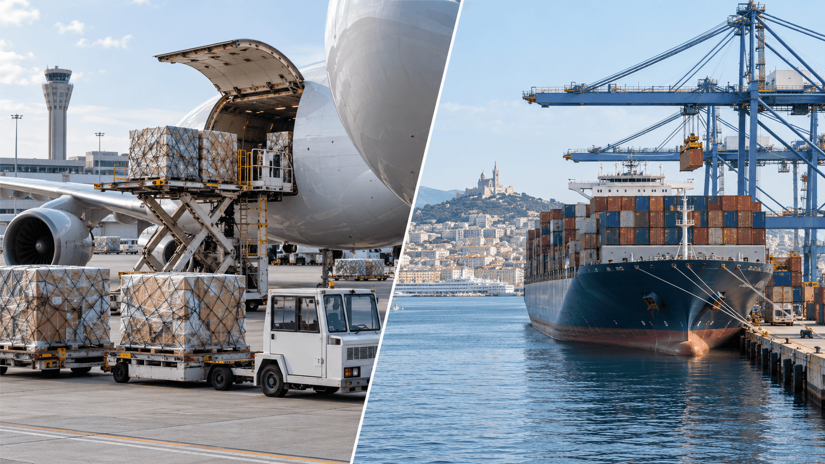 Cargo aircraft and container ship illustrating France to Nepal freight choices