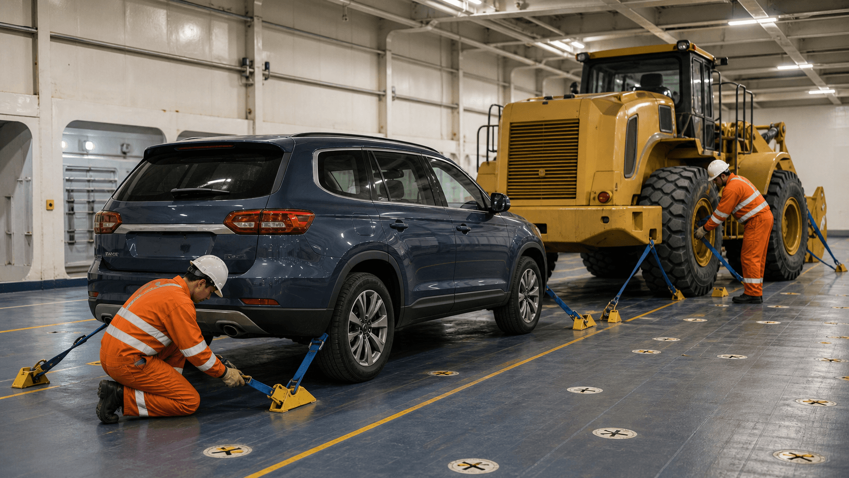 RoRo vessel crew securing an SUV and wheeled loader with chocks and lashing straps