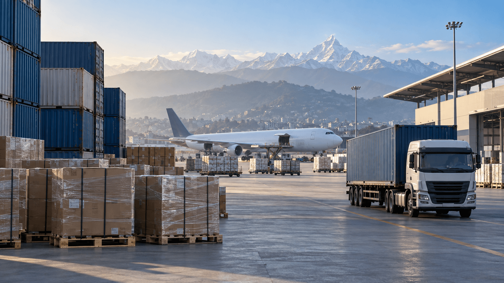 Nepal-bound cargo containers pallets truck and freight aircraft at a logistics terminal