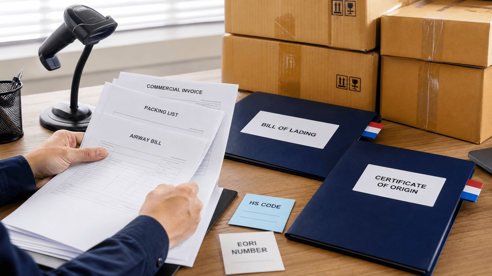 Commercial invoice packing list airway bill bill of lading HS code and EORI documents for Netherlands shipping